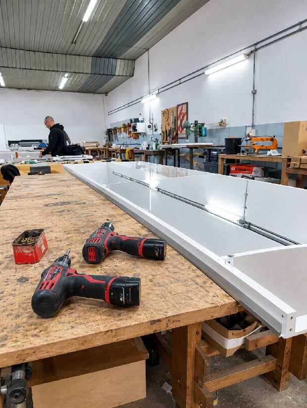 Taller de Dziako: mueble en armado sobre la mesa de trabajo